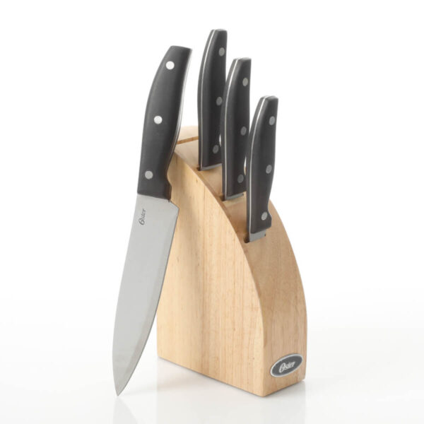 Oster Granger 5 pc Cutlery Set W/Halfmoon Natural Wood Block - Black ABS Handle - Full Tang W/Triple Rivets - SS - 1.8/1.5 mm - GBX