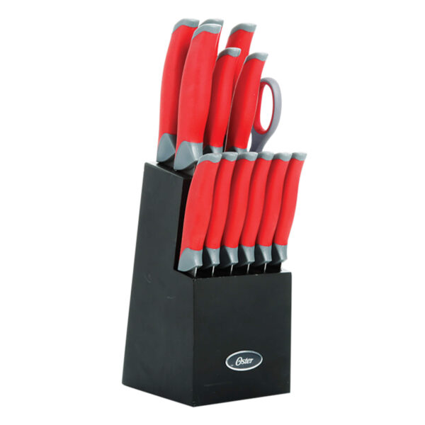 Oster Lindbergh 14 pc Cutlery Set W/Color Stained Wood Block - Red - TPR/PP Handle - SS - 1.8/1.2 mm - GBX